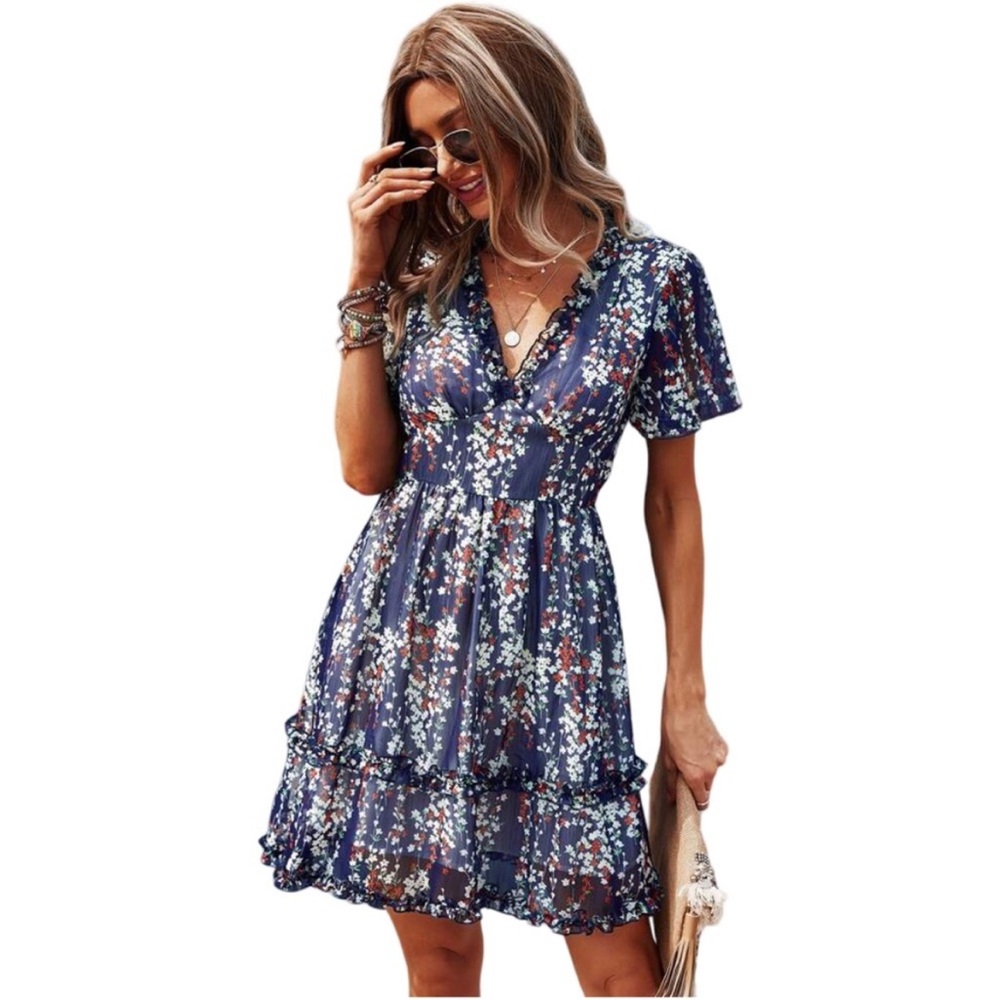 Navy Blue Ditsy Floral Print V-Neck Lettuce Frill Trim Ruffle Boho Dress